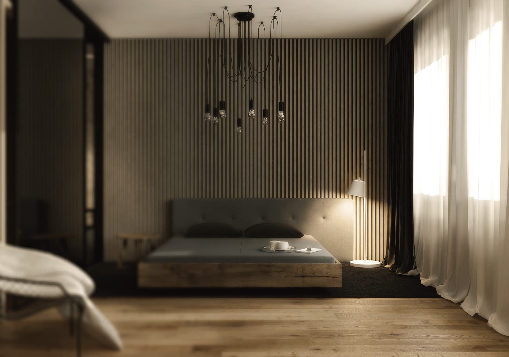 Interior with integrated curtains and shading